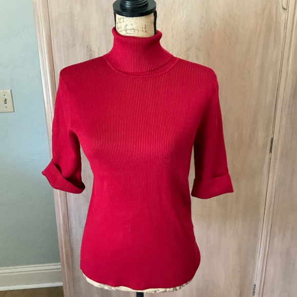 Ralph Lauren 3/4 sleeve Red ribbed silk blend turtleneck sweater Y2K classic L - Picture 1 of 12